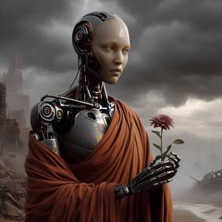 a robot holding a flower in front of a ruined city