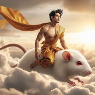 in a golden robe riding on a white mouse