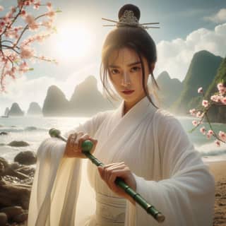 woman in a white robe holding a sword