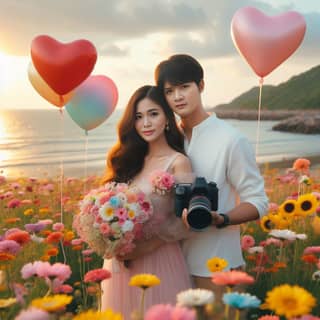 a couple posing in a field with balloons and flowers