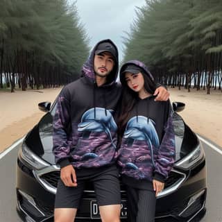 a couple in a black and purple hoodie
