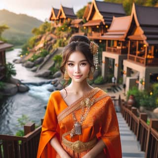 beautiful thai woman in traditional dress standing on the stairs