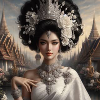 thai woman in white dress and jewelry