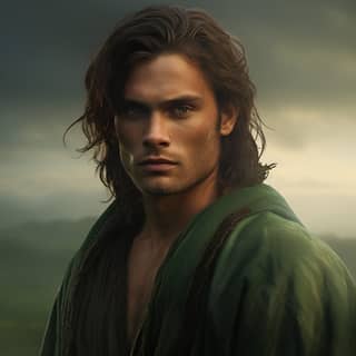 in a green robe standing in front of a green field