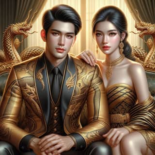 a couple in gold and black clothing sitting on a couch