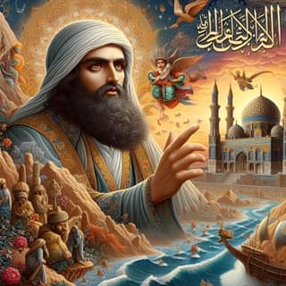 the prophet muhammad, with a boat and a city in the background