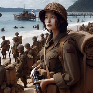 in uniform stands on the beach with soldiers