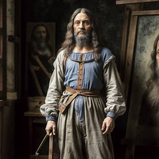 with long beard standing in front of a painting