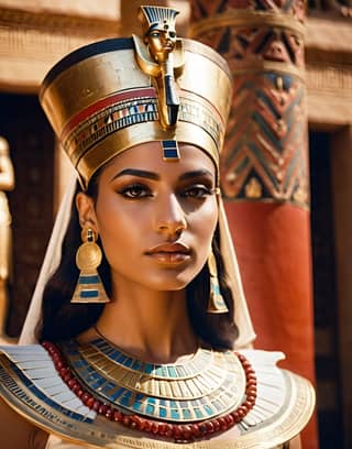 an egyptian woman wearing a headdress and gold jewelry