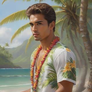 in hawaiian shirt and lei