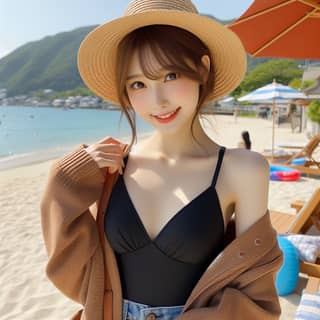 in a black swimsuit and hat on the beach