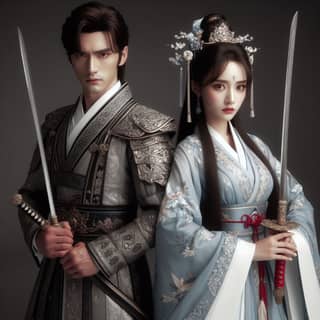 a couple in traditional chinese clothing holding swords