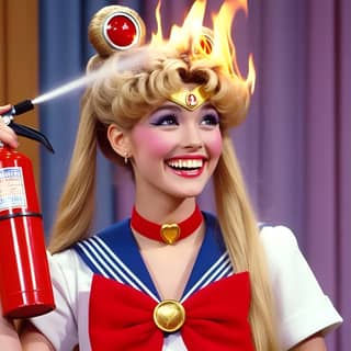 in a sailor outfit holding a fire extinguisher