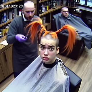 with orange hair getting her hair cut