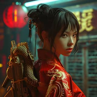 in a red kimono holding a gun