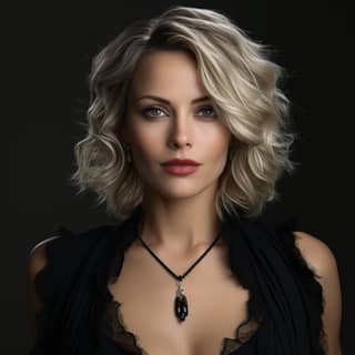 blonde woman with a black top and necklace