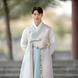 in a traditional korean costume standing on steps