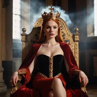 in a red dress and crown sitting on a throne