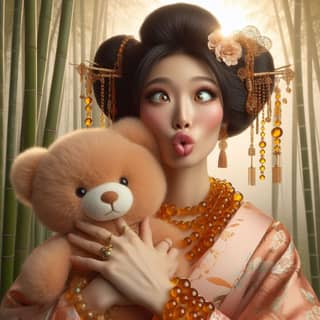 woman in a geisha costume holding a teddy bear