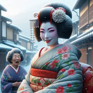 in a geisha costume is standing next to in a traditional k