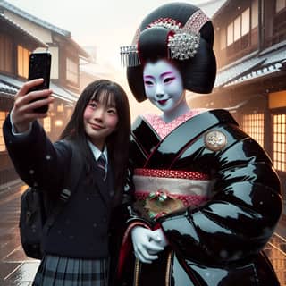 girl taking a selfie with a geisha