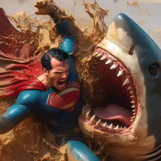 in a superman costume is fighting a shark