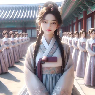 in traditional korean clothing stands in front of a group of people