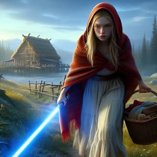 in a red cloak holding a light saber