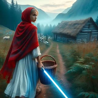 in a red cloak with a light saber