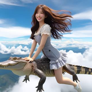 is riding on a crocodile in the sky