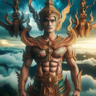 thai warrior with golden armor standing on top of a mountain