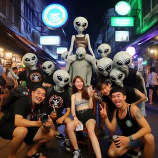 a group of people posing with alien heads