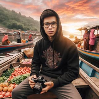in a hoodie and glasses holding a camera