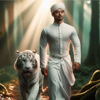 in a white turban and white tiger