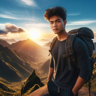 with backpack standing on top of mountain at sunset