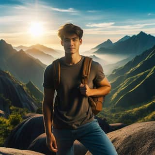 standing on top of mountain with backpack