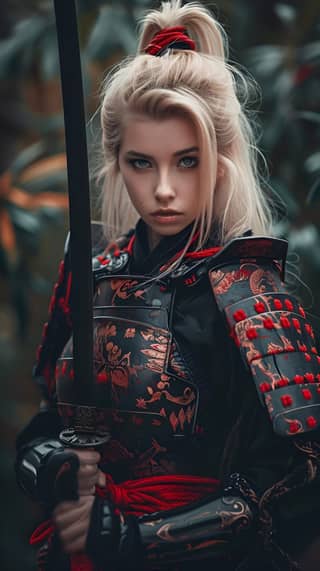 blonde woman in a samurai outfit