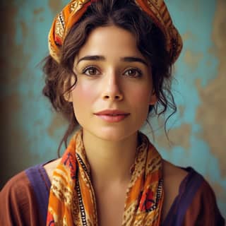 with a turban on her head
