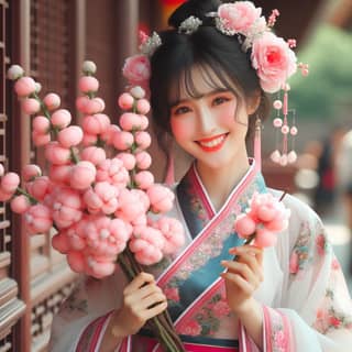woman in traditional chinese clothing holding pink flowers