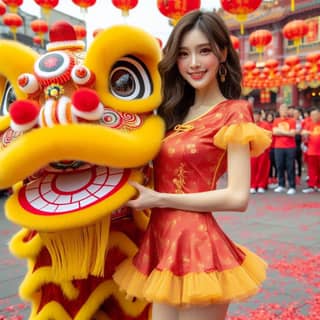 in a chinese dress poses with a lion