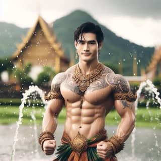 a male thai bodybuilder posing in front of a fountain