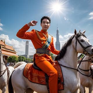 in an orange suit riding a horse