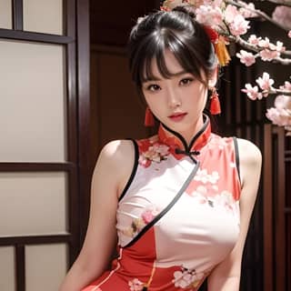 in a red and white cheongsam