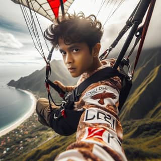 boy is paragliding over the ocean