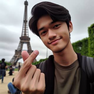 with a finger up in front of the eiffel tower