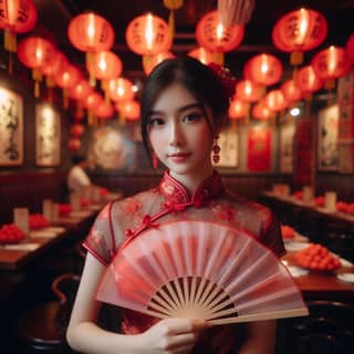 in a chinese dress holding a fan