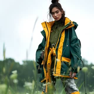in a green and yellow raincoat