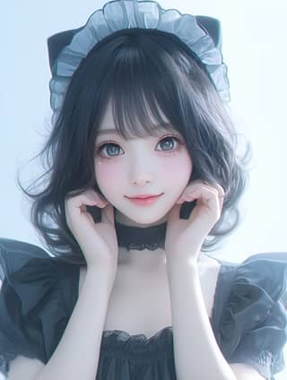 anime girl with black hair wearing a black dress and a black hat
