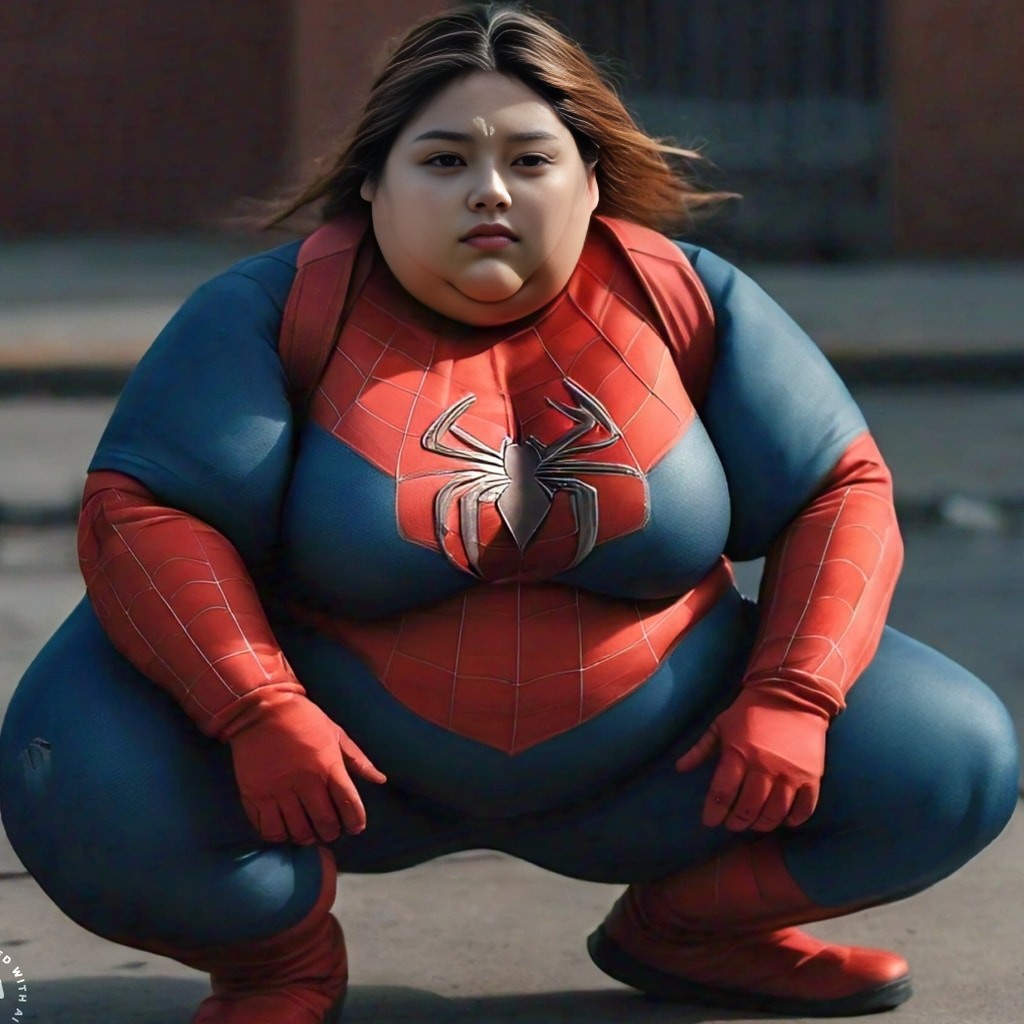 a fat woman dressed as spider - man poses for a photo