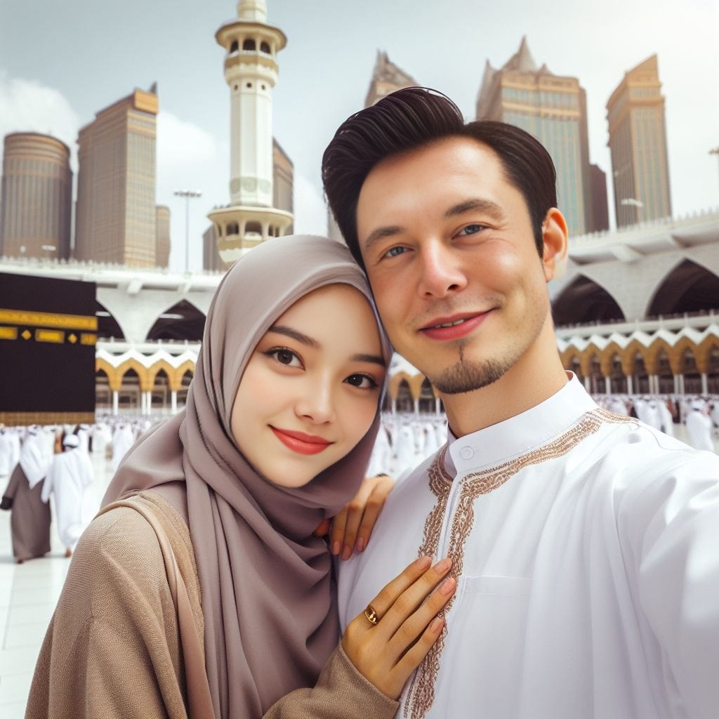 couple in muslim dress in front of kaaba in muslim country